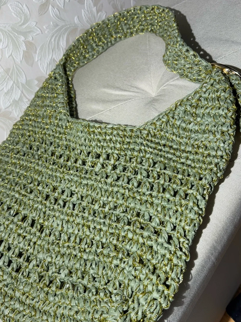 Anthropologie Nikki Raffia Buckle Bag Woven Olive Green Crochet Shoulder Bag - Picture 5 of 10